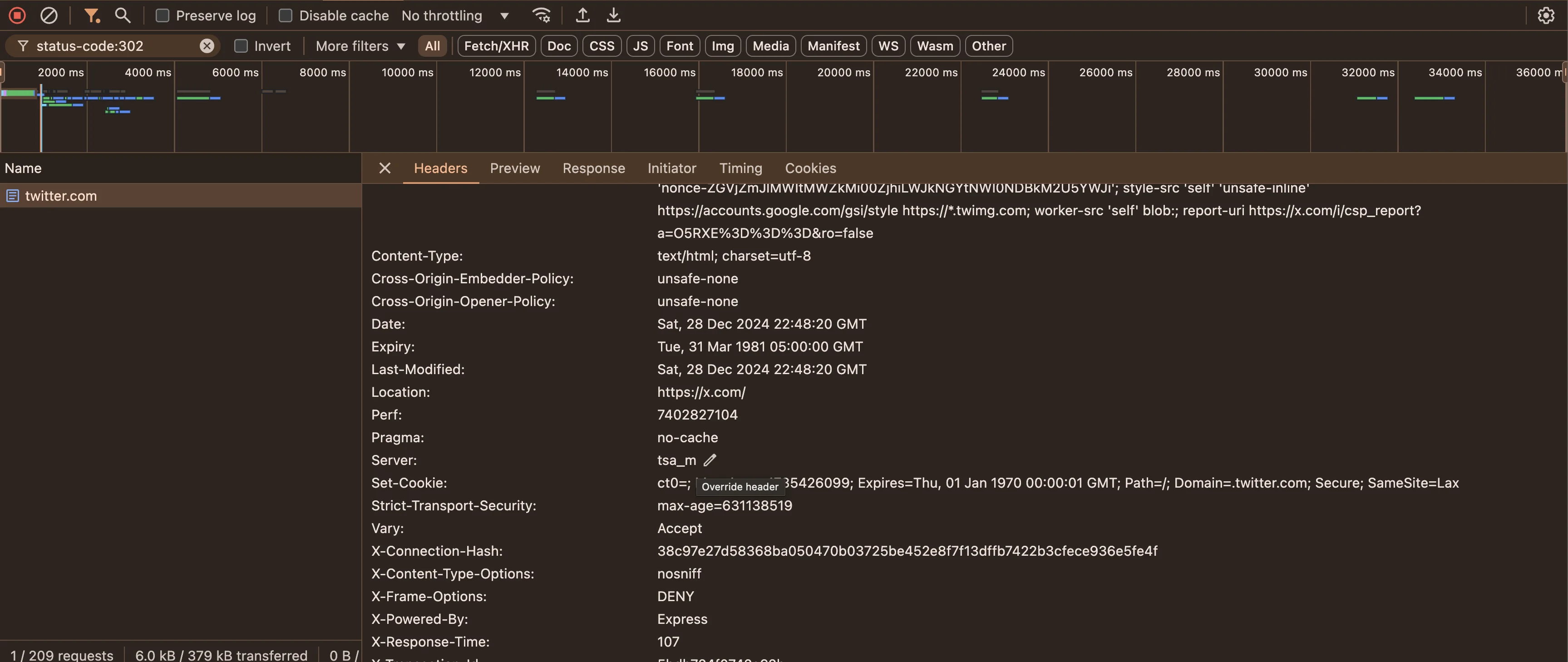 Browser network panel showing a 302 redirect response from twitter.com